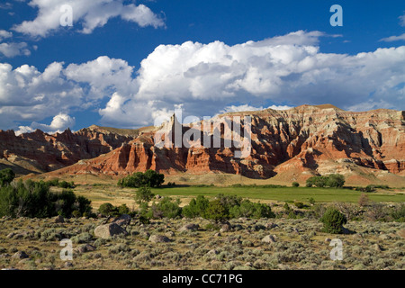 Rocce Rosse e appena raccolte di fieno di erba medica nei pressi di Dubois, Wyoming negli Stati Uniti. Foto Stock