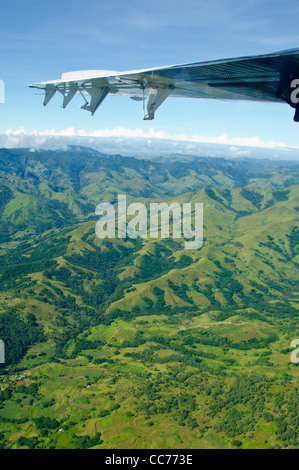 Figi antenna sopra ala di aeroplano sorvolare le montagne verdi Foto Stock