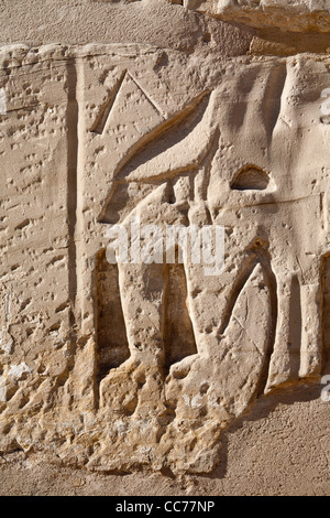 Vista dei rilievi sul primo pilone presso il tempio del faraone Ramesse III, Medinet Habu, West Bank, Luxor, Egitto Foto Stock