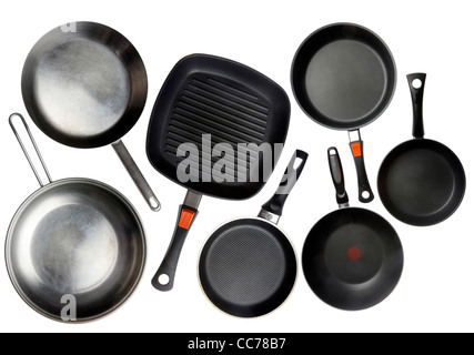 Compilazione di vari utensili da cucina, utensili da cucina, pentole. Foto Stock