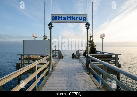 Molo di ghiaccio in inverno, Haffkrug, Luebeck Bay, Mar Baltico, Schleswig-Holstein, Germania, Europa Foto Stock