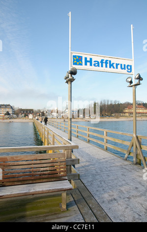 Molo di ghiaccio in inverno, Haffkrug, Luebeck Bay, Mar Baltico, Schleswig-Holstein, Germania, Europa Foto Stock