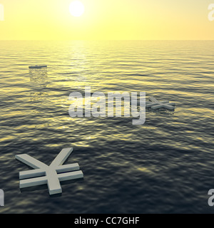 Yen fluttuante per un tramonto che mostra la ricchezza di denaro o di guadagnare Foto Stock