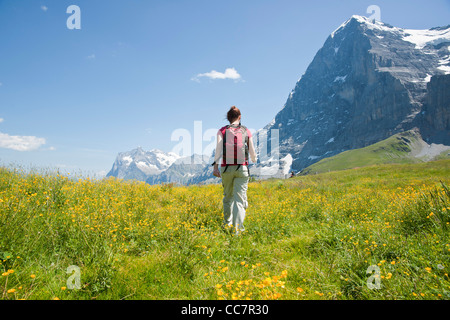 Backview di donna escursionismo, Berense bernese, Eiger picco, North Face, Svizzera Foto Stock