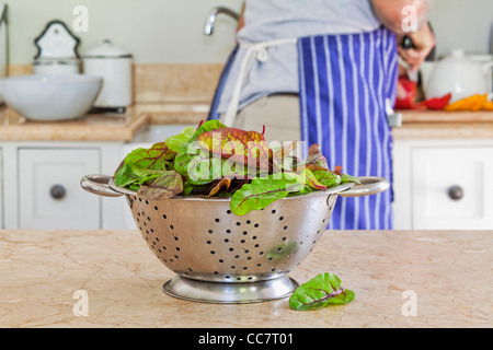 Uomo in cucina con verdure in cucina, Cape Town, Western Cape, Sud Africa Foto Stock