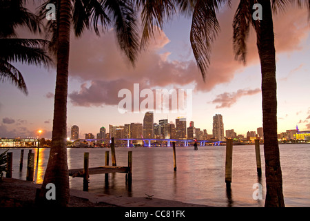 Gli illuminati skyline del centro di Miami, Florida, Stati Uniti d'America Foto Stock