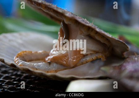 Frutti di mare sul barbeque in Hokkaido, Giappone. Il Giappone è un paese che vive vicino con la natura e con il mare. Frutti di mare è un essenziale Foto Stock