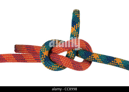 Piegare il foglio o tessitore knot unendo il rosso e il verde arrampicarsi sulle funi isolato su bianco Foto Stock