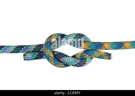 Square o reef knot unendo il blu e il verde arrampicarsi sulle funi isolato su bianco Foto Stock