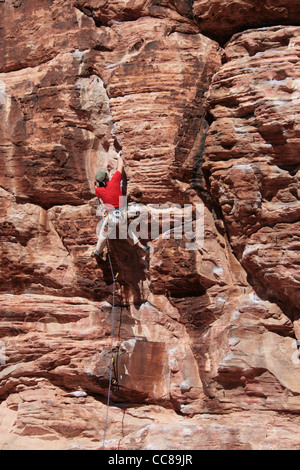 Un maschio di rocciatore in rosso conduce su una rupe di arenaria al Red Rocks, Nevada Foto Stock