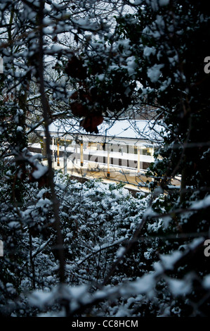 Stazione di Barnes in snow attraverso fogliame, Londra Foto Stock