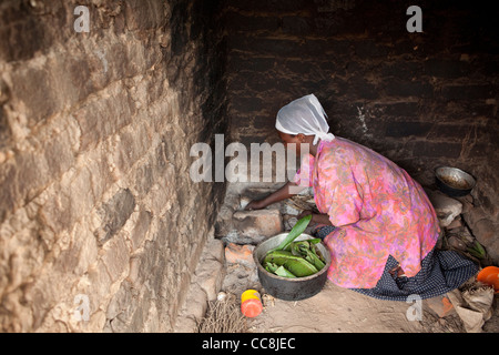 Una donna cuochi su una stufa aperta in Masaka, Uganda, Africa orientale Foto Stock