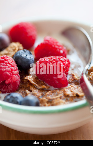 Ciotola di cereale con lamponi mirtilli e latte per una sana prima colazione. Foto Stock