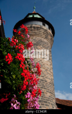 In Germania, in Baviera, Norimberga. storica del secolo XI il castello imperiale (aka kaiserburg) torre. Foto Stock