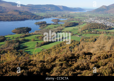 Vista su tutta l'estremità nord del Derwent Water da Walla roccioso, Lake District Foto Stock