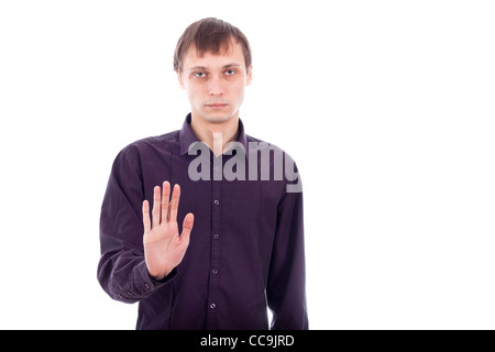 L'uomo gravi gesti stop, isolati su sfondo bianco. Foto Stock