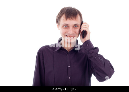 Felice l'uomo weirdo sul telefono, isolati su sfondo bianco. Foto Stock