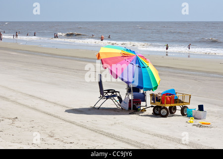 Lucertole da mare e colorato ombrellone sulla spiaggia pubblica a Jekyll Island, Georgia. Foto Stock