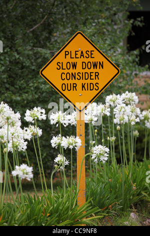 "Si prega di rallentare considerare il nostro Kids' legge un segnale di avvertimento a Pemberton, Australia occidentale, Australia. Foto Stock