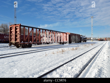 Il treno cantieri di Sudbury, Ontario, Canada su una mattina di gennaio Foto Stock