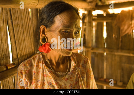 Chin donna tribale con il volto tatuato con il disegno a ragnatela. Myanmar Birmania. Villaggio di Panmaung, Stato Chin. 2008 2000 HOMER SYKES Foto Stock