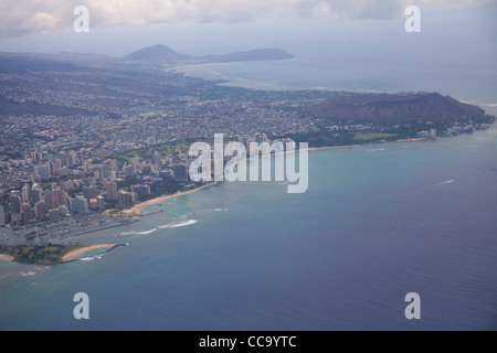 Vista aerea della spiaggia di Waikiki, Honolulu, Hawaii. Foto Stock