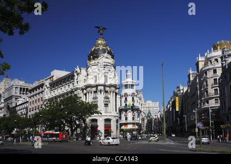 La metropoli è un edificio situato nella Gran Vía e Alcalá Street, Madrid, Spagna Foto Stock