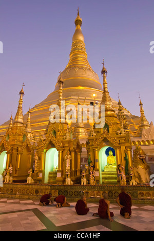 Il debuttante monaci in preghiera di fronte alle principali stupa di Shwedagon Paya (Pagoda) al tramonto | Yangon (Rangoon) | Myanmar (Birmania) Foto Stock