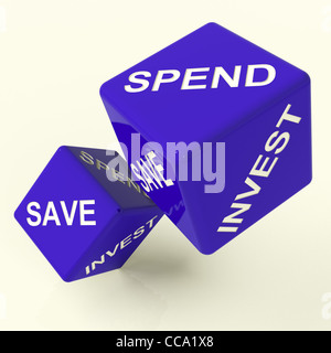 Salvare trascorrere investire dadi blu che mostra le scelte di denaro Foto Stock