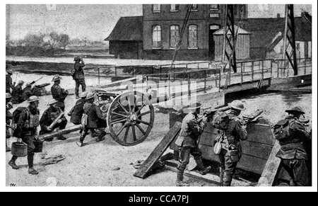 1918 British depositata la pistola mitraglieri holding canal 21 marzo contro offensiva tedesca ponte di artiglieria rile gunner Foto Stock