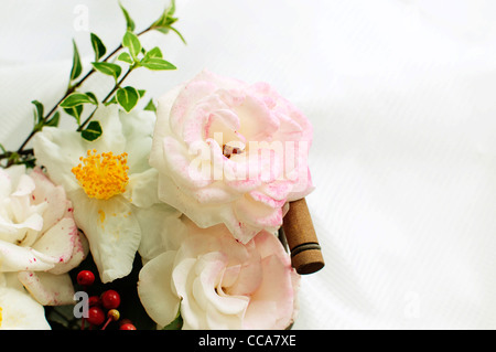 Camelia sasanqua e rose fiori in un cestello Foto Stock