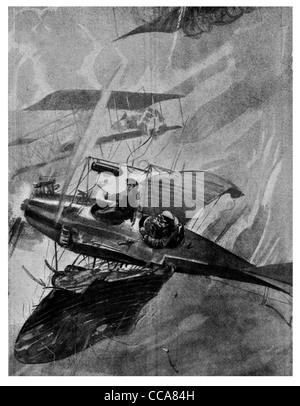 1914 Tedesco bombardiere aereo fuori manovrato aviatori francesi pilot acrobazie aeree mitragliatrice lotta cockpit di lotta contro il cane crash Foto Stock