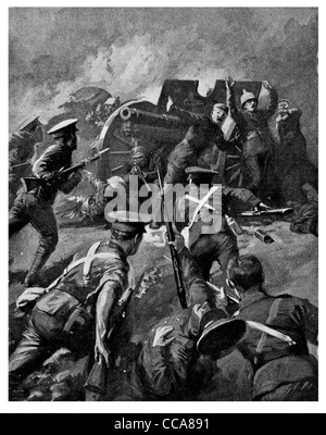 1915 Tedesco gunners implorare misericordia di artiglieria a baionetta fucile arrendersi alla fine gunner trincea carica coraggio coraggioso ufficiale britannico Foto Stock