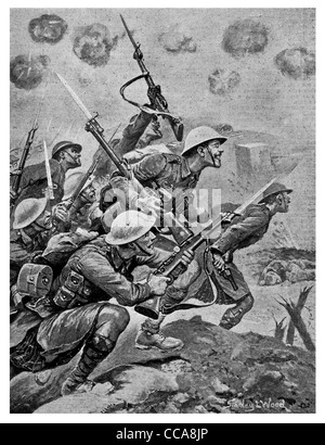 1917 British serbatoio di carica della fanteria carica posizione tedesca fucile esplosione a baionetta coraggio brave gloria sotto il fuoco pistola officer Foto Stock