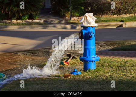 Idrante di fuoco con acqua che sgorga fuori Foto Stock