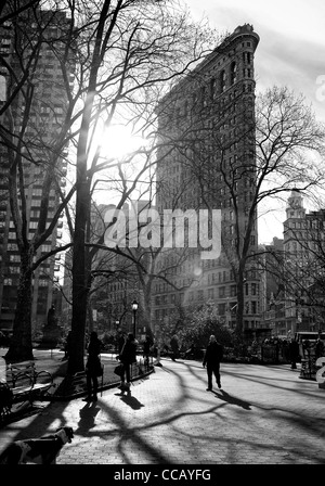 7 gennaio 2012: Le foto scattate del Flatiron Building dal Madison Square Park di New York City, Stati Uniti d'America. Foto Stock