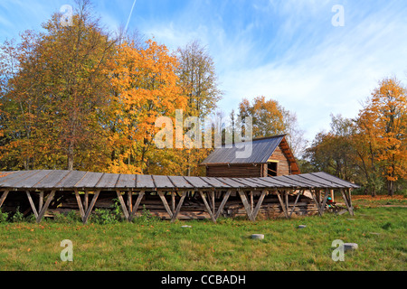 Vecchia casa in legno in villaggio Foto Stock