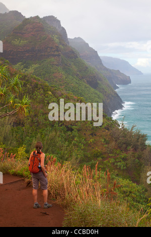 Un escursionista sul Kalalau Trail, Costa di Na Pali, Kauai, Hawaii. (Modello rilasciato) Foto Stock
