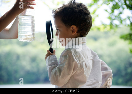 Ragazzo che studiano il pesce in acqua in bottiglia con lente di ingrandimento Foto Stock