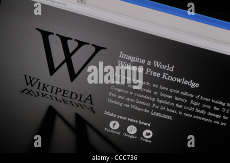 Screenshot: Wikipedia (Inglese) Sito web chiuso per 24 ore su 18 gennaio 2012 nel corso di una protesta sulla censura di Internet. Foto Stock