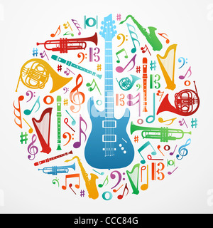 Multicolore di strumenti musicali di silhouette a forma di cerchio. File vettoriale disponibile. Foto Stock