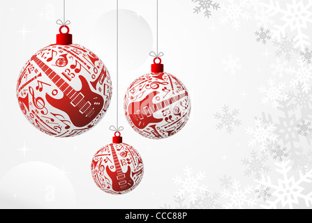 Amore Natale in musica concetto illustrazione. Strumenti di musica insieme in rosso ninnolo forma sfondo. File vettoriale disponibile. Foto Stock