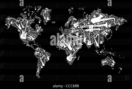 Globo mappa mondiale silhouette effettuate con strumenti musicali icon set in sfondo nero. File vettoriale disponibile Foto Stock