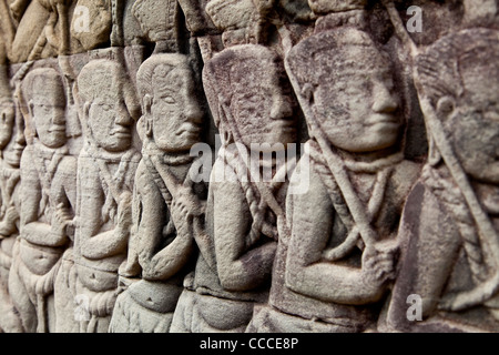 Arte decorazioni e bassorilievi, tempio Bayon, Angkor Thom, area di Angkor, Siem Reap, Cambogia, Asia Foto Stock