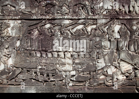 Arte decorazioni e bassorilievi, tempio Bayon, Angkor Thom, area di Angkor, Siem Reap, Cambogia, Asia Foto Stock