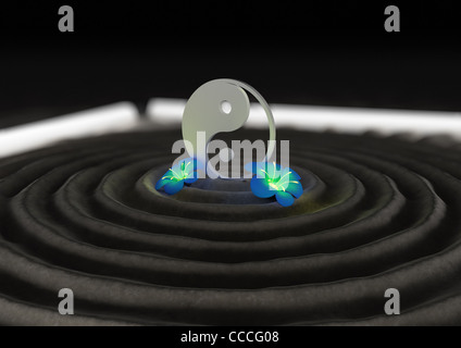 Eseguire il rendering di un simbolo yinyang con fiori in un giardino zen Foto Stock