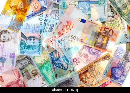 Diverse valute, provenienti da diversi paesi del mondo. Banconote, contanti. Foto Stock