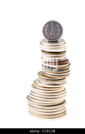 Disposti pila di monete di diversa nazionalità Foto Stock