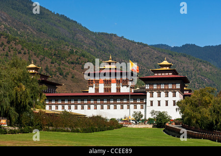 Sede del Governo Thimphu Dzong o Trashi Chhoe Dzong in tradizionale stile architecural, Thimphu Bhutan Foto Stock