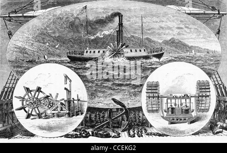 Questa illustrazione mostra inventore Robert Fulton la prima barca, Clermont, nel mezzo del fiume Hudson. Foto Stock